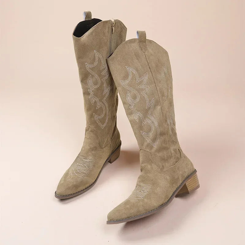 Embroidered Western Cowboy Boots for Women Autumn Pointed Toe Thick Heel High Knee Boots Woman Loose PU Leather Long Botas Mujer