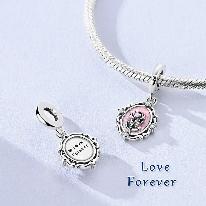 925 Silver Valentine's Day Charms Bead Sparkling Sweet Heart Rose Bear Charm Fit Original Bracelet Bangle Woman DIY Jewelry Gift