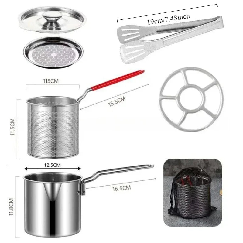 Stainless Steel Deep Fryer with Basket Multi-Purpose for Home/Commercial Tempura Chicken Frying Anti-Slip Base Cool Handle wok