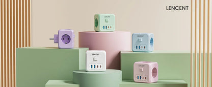 LENCENT Multi USB Wall Socket Cube with 3AC Outlets USB-A and Type C 7-in-1 Power Strip EU Plug Socket On/Off Switch for Home