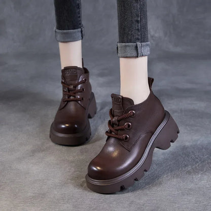 DRKANOL Luxury Design Genuine Leather Ankle Boots For Women Platform Casual Short Boots Women Winter Thick High Heel Warm Shoes