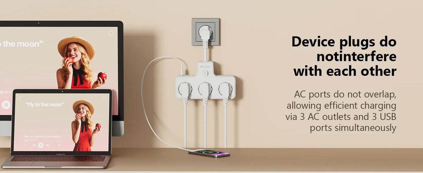 3840W EU Plug Power Strip with 2USB-A and Type-C Fast Charging Outlets Adapter Electrical Socket 250V 16A with Expansion Cable