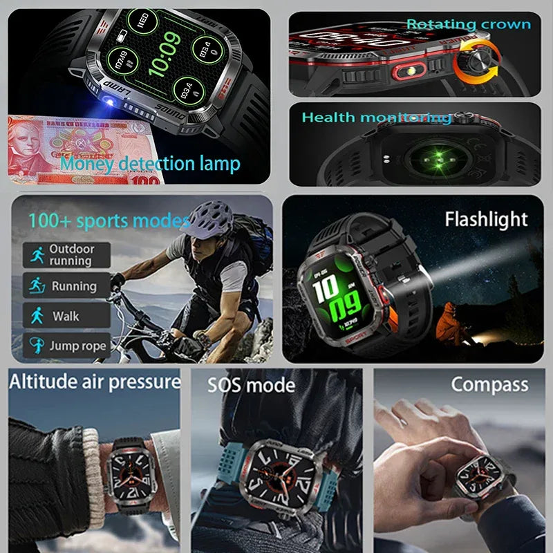 2026 New LED flashlight Military Smart Watch Men IP68 GPS Outdoor Sports Fitness Tracker Health Monitor 2.01" BT Call Smartwatch