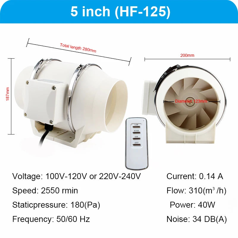 4/5/6/8 Inch Remote Control Exhaust Fan Silent Inline Pipe Duct Fan Extractor Air Ventilation Blower Kitchen Toilet Wall Booster
