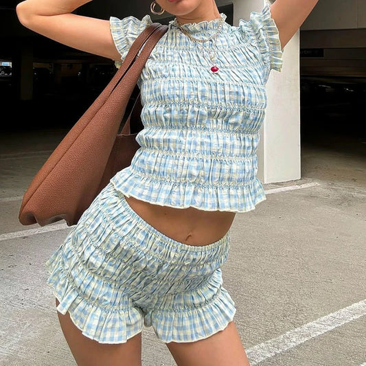 2 Piece Short Set Women Plaid Ruched Crop Tops Pleated Elastic T-shirt Vintage Fairycore Cute Y2k Outfits Going Out Streetwear by PDG ibma