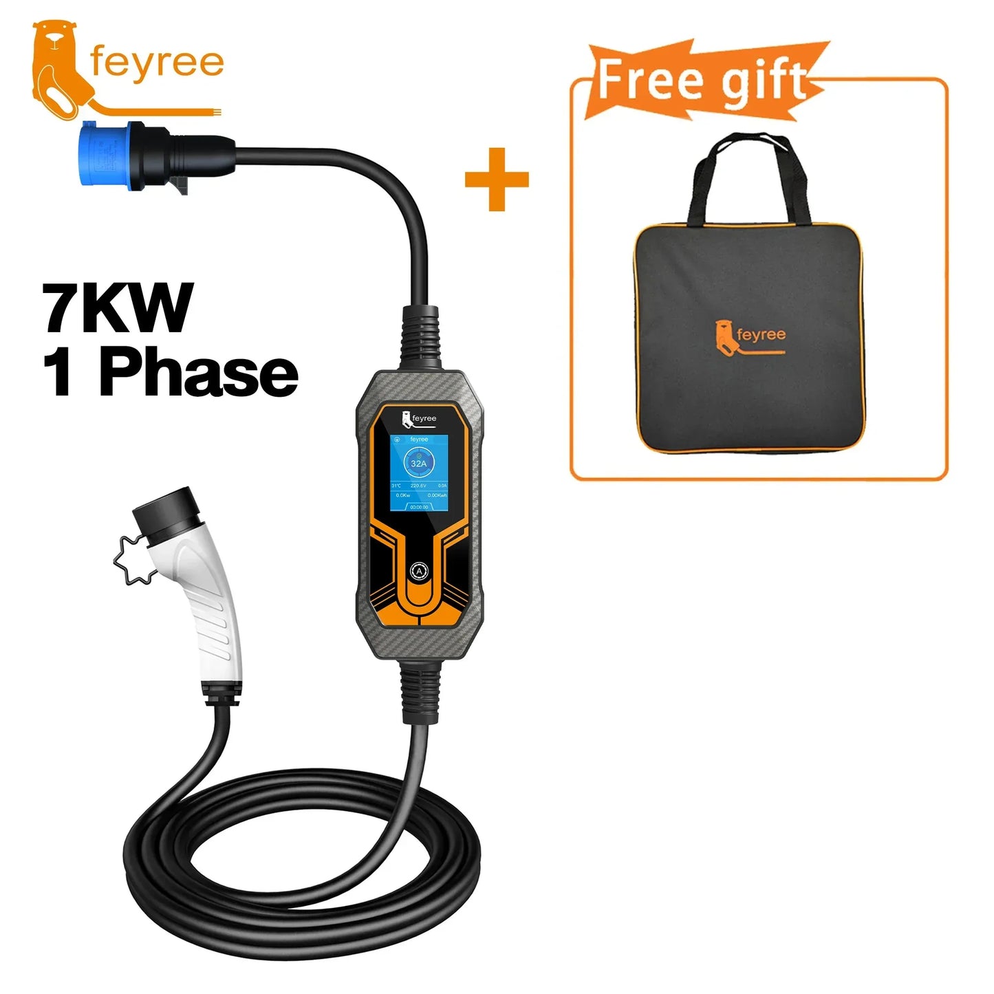 feyree 32A 7KW Type2 EV Portable Charger 3.5KW 16A 1Phase EVSE Charging Box 11KW 16A 3Phase Car Charger for Electric Vehicle