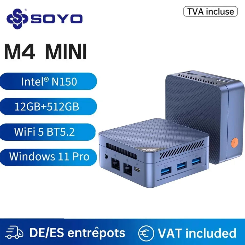 Mini PC SOYO Intel Twin Lake N150 Procesador LPDDR5 12GB RAM 512GB ROM Windows 11 Pro MiniPC WiFi 5 Desktop Computer