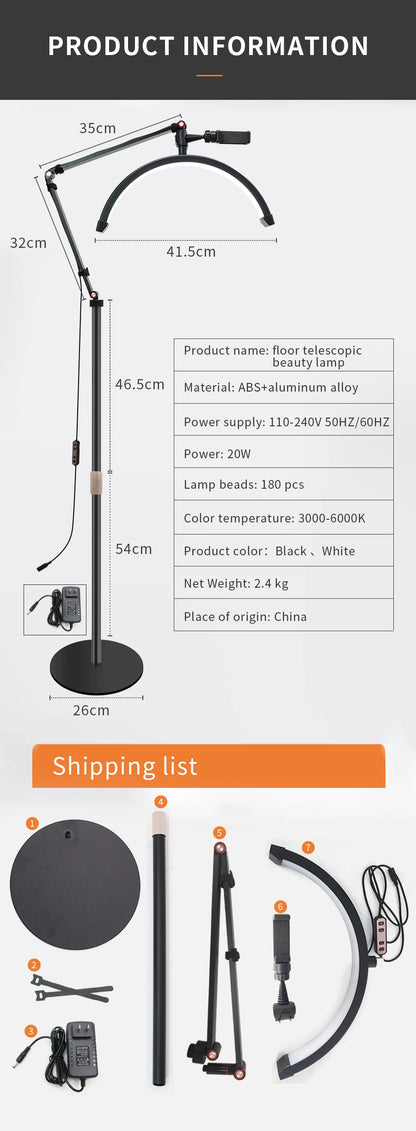 16 INCH LED Half Moon Lash Light Temperature 20W 3000K-6000K LED Ring Lamp for Beauty Facials Skincare Tattoo Eyebrows Filming