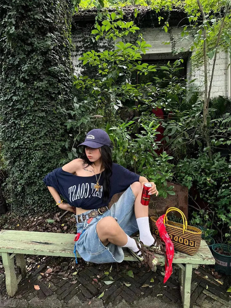 Yedinas Loose Off Shoulder Letter Graphic T Shirts Woman Clothing Short Sleeve American Retro Summer Tops Korean Style Y2k Tees