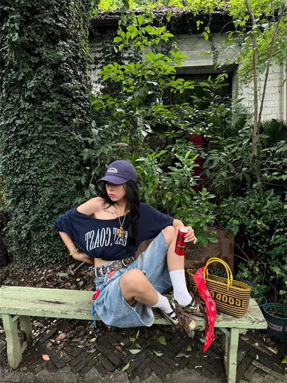Yedinas Loose Off Shoulder Letter Graphic T Shirts Woman Clothing Short Sleeve American Retro Summer Tops Korean Style Y2k Tees