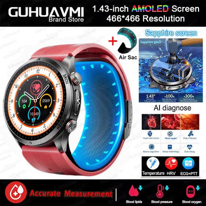 New Blood pressure Non-invasive Health Monitor Airbag Sports Smart Watches ECG+PPG Precise 1.43-inch AMOLED Calls Smartwatch NFC