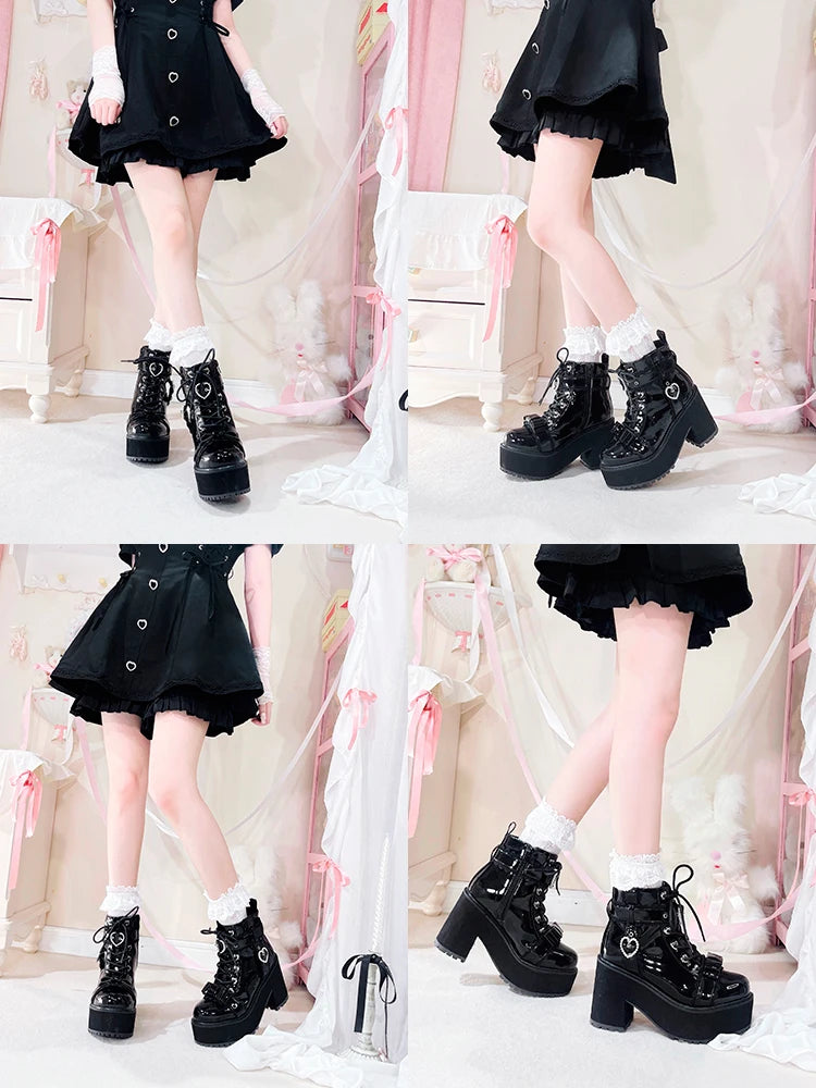 Japanese Mine Lolita Short Boots for Women Mass Production Love Rhinestone Buckle Bow Round Head Platform Boots Sweet Shoes