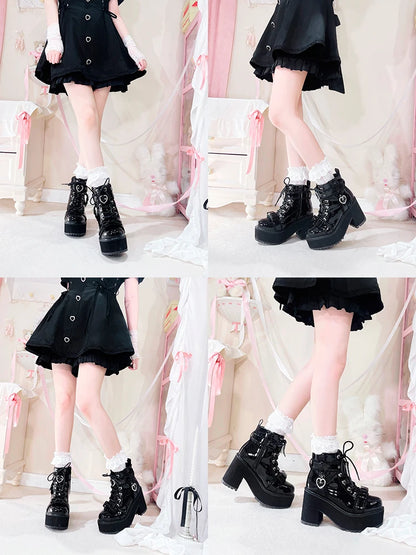 Japanese Mine Lolita Short Boots for Women Mass Production Love Rhinestone Buckle Bow Round Head Platform Boots Sweet Shoes