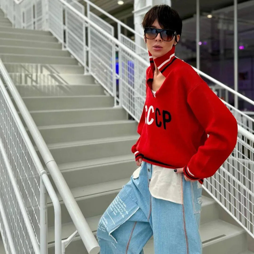 JHJN Autumn V-Neck Sweater Women Patchwork Letter Streety Tops Loose Casual Pullovers Long-Sleeved Knitted Shirts Women Sweater