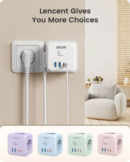 LENCENT Multi USB Wall Socket Cube with 3AC Outlets USB-A and Type C 7-in-1 Power Strip EU Plug Socket On/Off Switch for Home