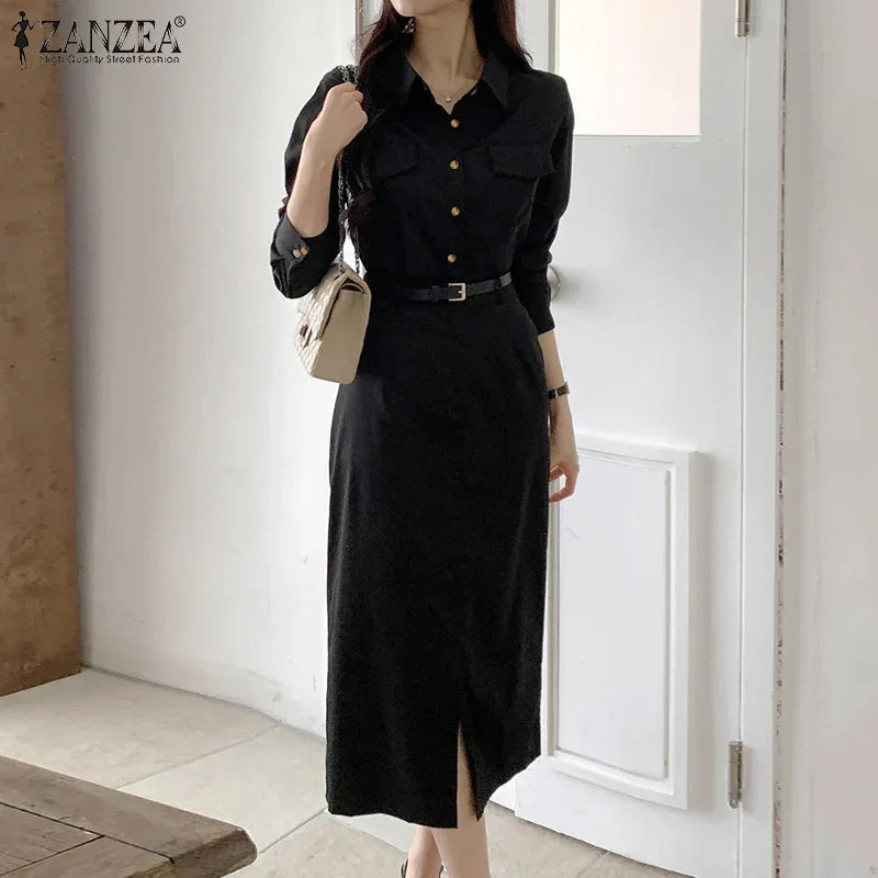 ZANZEA Women Lapel Long Sleeve Vestidos 2025 Spring Solid Work Dresses Casual Waisted No Belted Robe Office Lady Midi Spilt Robe
