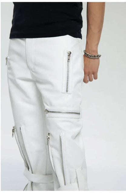 Mauroicardi Spring Autumn Cool Black Pu Leather Pants Men with Many Zippers Belt Luxury Designer Clothing Trousers Fashions 2023