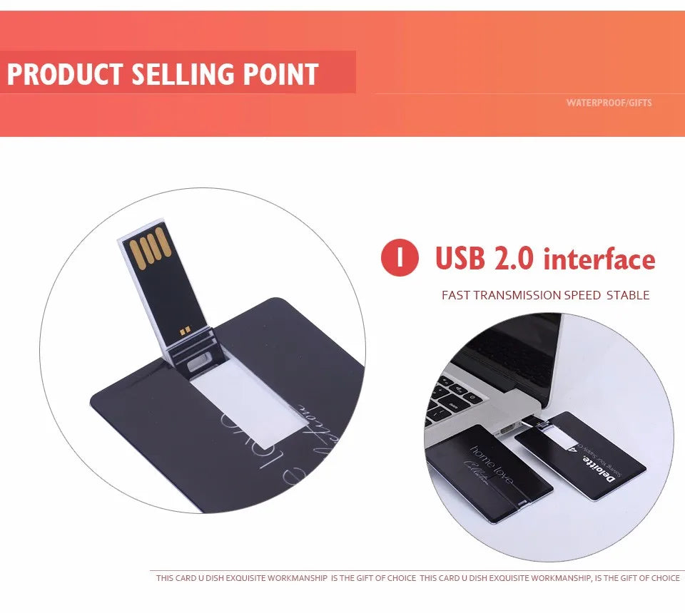 100PCS/LOT Waterproof Super Slim Credit Card USB Flash Drive Pendrive 4GB 8GB 16GB 32GB 64GB Bank Card Model Memory Stick Drives