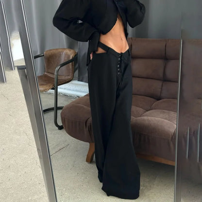 INS Loose Tracksuit Elegant Women Trousres Set Y2K Outfits Long Sleeve Irregular Blouse Top Lace Up Wide Leg Pants Two Piece Set
