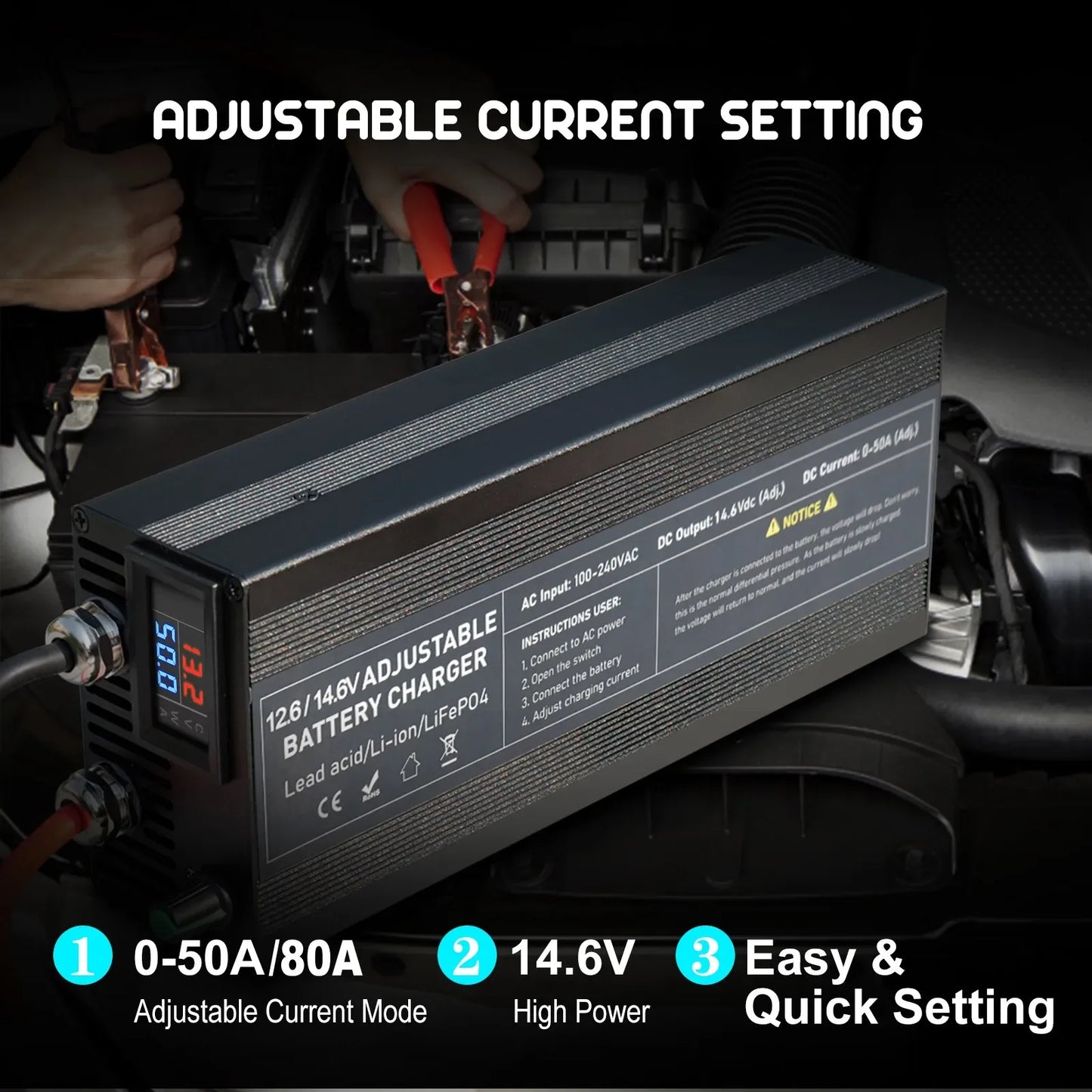 Portable 12V100A Lifepo4 Battery Charger 40A 50A Lithium Battery Charger 60A 85A with Adjustable Voltage and Current Anderson