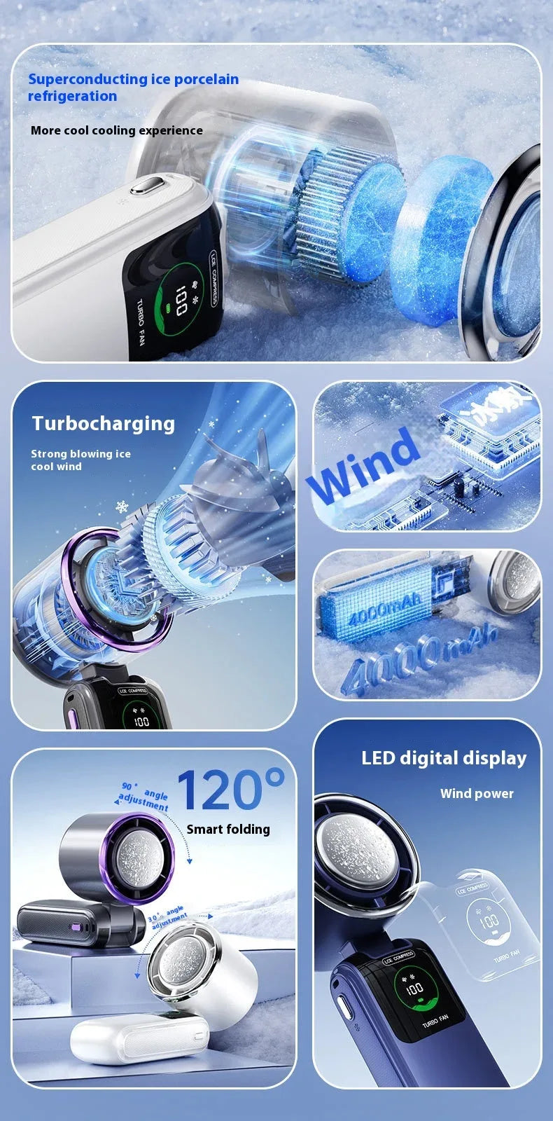 5-Speed Strong Cooling Mini Fan, Foldable & Neck Hanging - 9H Long Battery, Powerful Wind with LED for Office Outdoor Travel