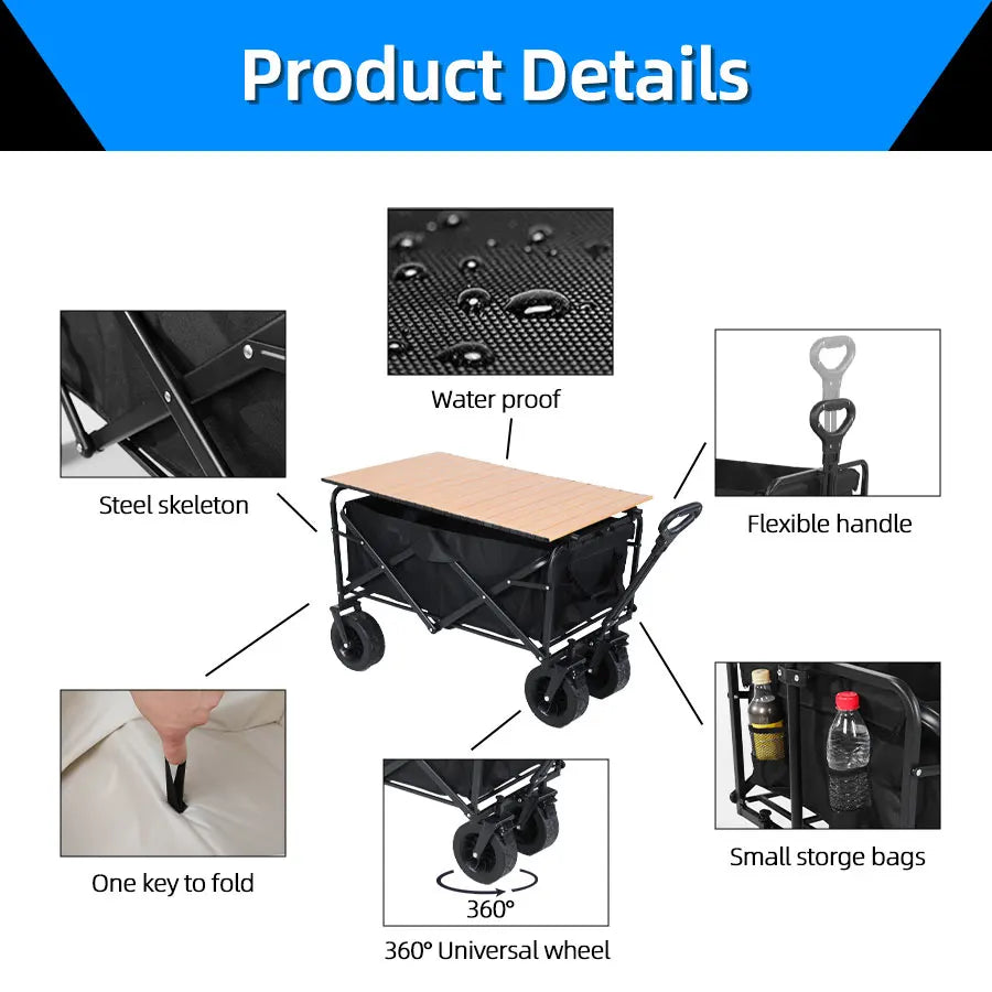 Heavy Duty Outdoor Folding Wagon Cart Large Capacity Collapsible Utility Wagon Trolley Portable Garden Beach Camping Equipment