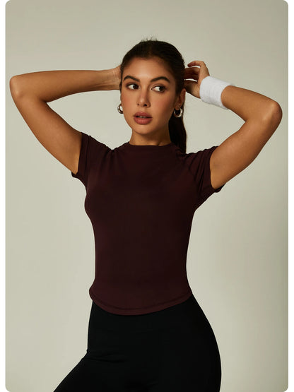 ZHEJIN Seamless Sports T-shirt Women Slim Fit Gym Workout Top Short Sleeve Yoga Shirt Curved Hem Breathable Athletic Sportswear