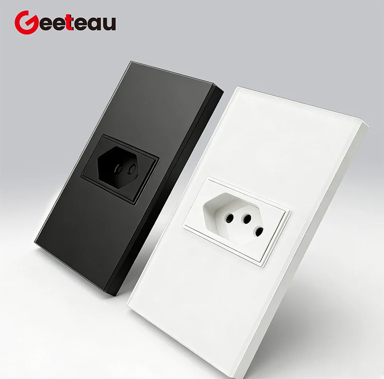 Geeteau Black White Glass Panel Single Brazil Wall Socket 10A Full paddle  Standard Home Safe Stable Household Power Plug
