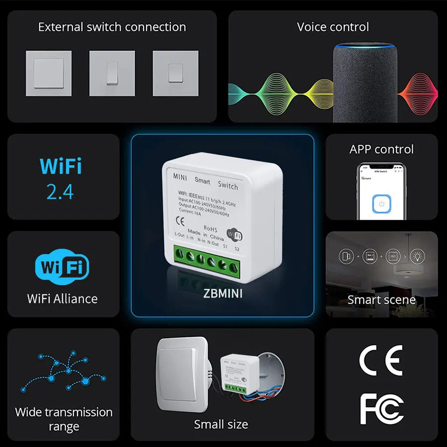 16A Mini Tuya Smart WiFi Switch RF433MHz Home Automation Breaker Voice Control With Alexa Google Home 100-240V 20A 2 Way Control