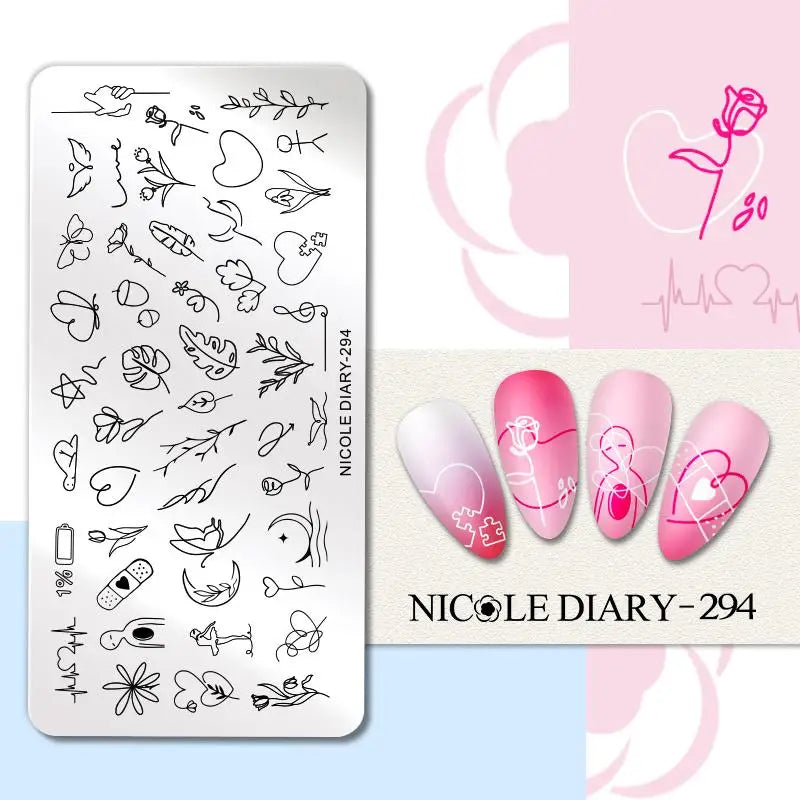 NICOLE DIARY Rose Flower Nail Stamping Plates Image Template Valentine's day Love Heart Printing Stencil Nail Art Manicure Tools