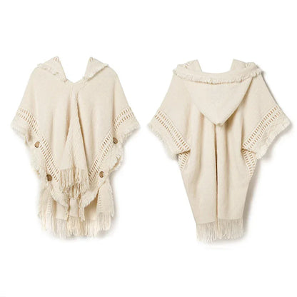 Women Knitted Cape Shawl Wrap Cloak Ethnic Hooded Poncho Hoody Jumper Sweater Tassels Dropshipping