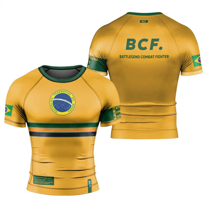Brazil Jiu-Jitsu Rash Guard,Men Women Short Sleeve Compression Training Shirt with Brazil Flag Print Quick-Drying Sports T-shirt