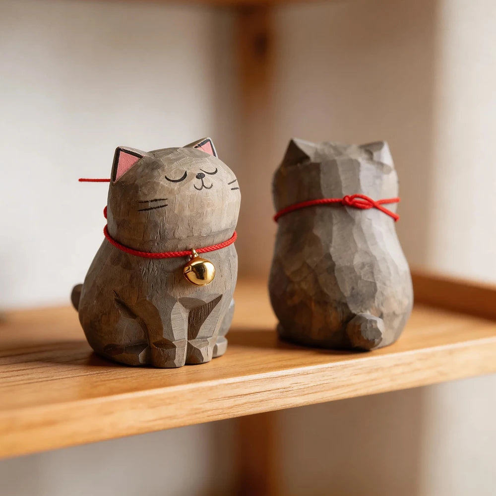Cute Cat Animals Figurine Decorative Wooden  Ornament Kitten Statue Calico Golden gradient cat Home Office Desk Car Decor Gift