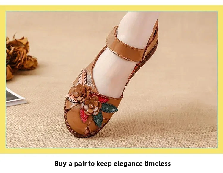 New 2025 Ladies Flat Sandals Soft Leather Anti-Slip Bottom Ethnic Style Comfortable Soft Surface Design for Elderly People
