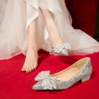 Crystal Butterfly-knot Flat Wedding Shoes Slip  Shoes Women Shiny Gold Silver Bridal Shoes Beaded  Flat Heels Med (3cm-5cm)
