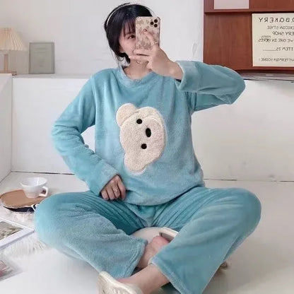Women Pajamas Autumn Winter Flannel Warm Woman Sleepwear Korean cute Cartoon Pajama Set Fashion Pijama Mujer Home Cloth Pyjamas