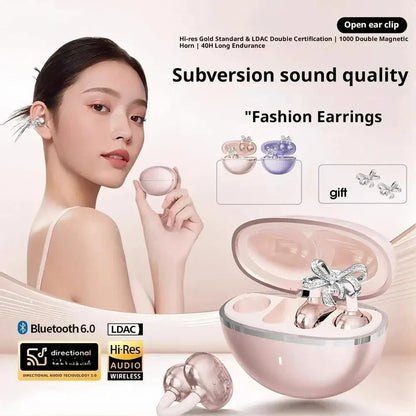Vivo Clip-on Earbuds Wireless Bluetooth Open Ear Headphones with Detachable Crystal Bowknot Earrings For Sports Fitness Workouts
