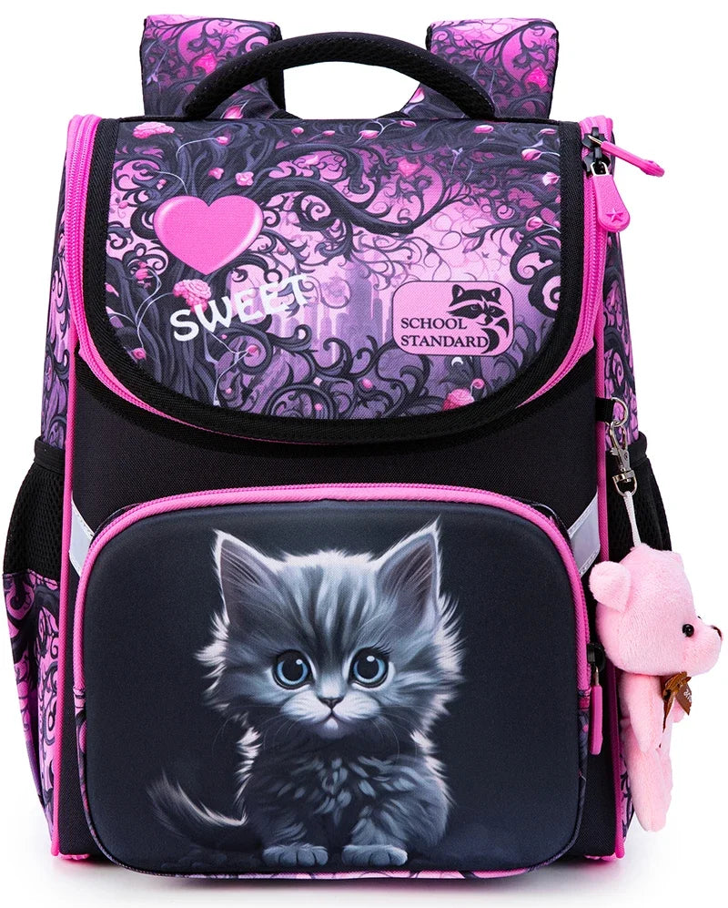 Orthopedic School Backpack For Girls Cartoon Cat Primary School Grade 1 Students Bags Kids Satchels Female Bookbag 7-9 Years