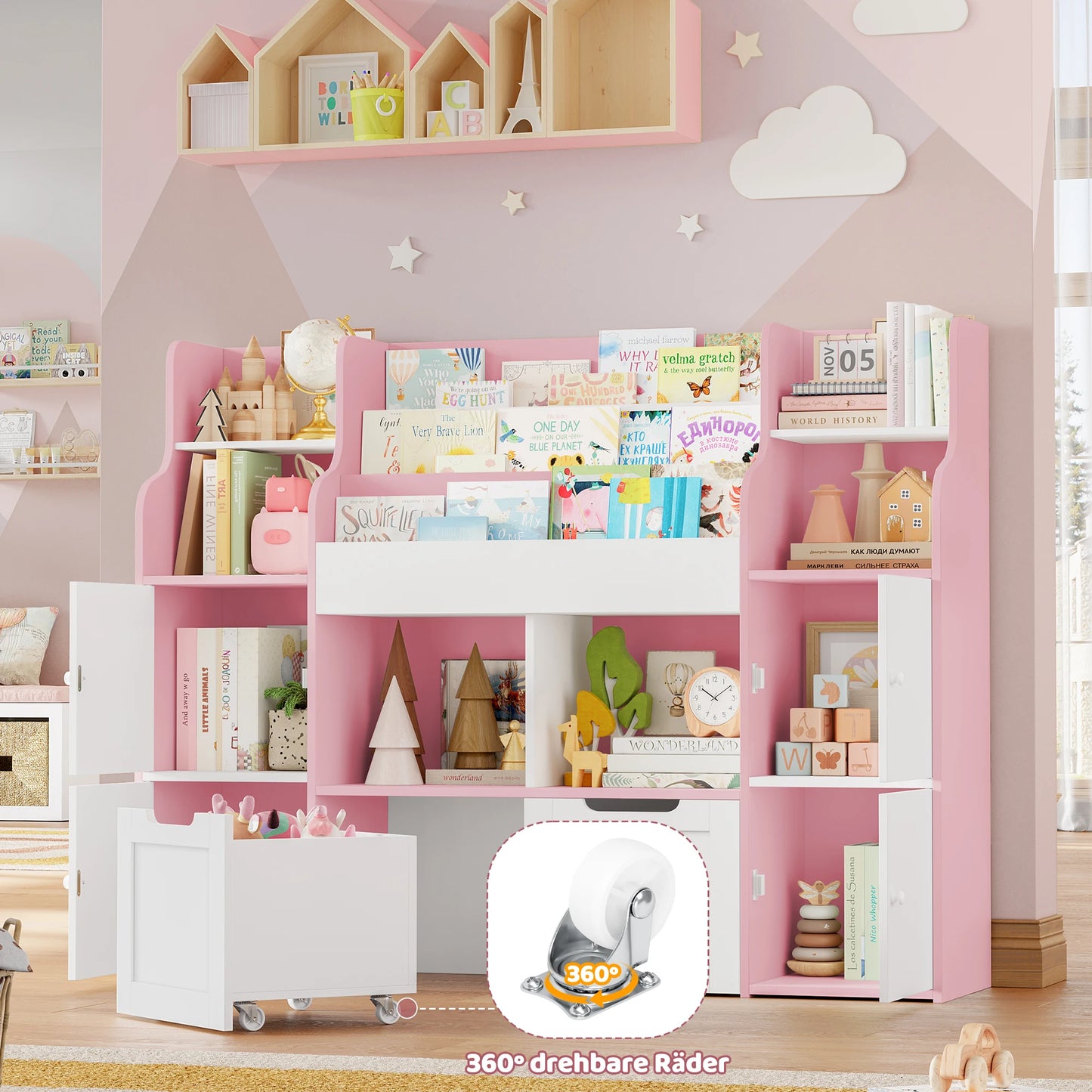Getone Toy Storage , Childrens Bookcase,Unit 3-tier Kids Bookshelf, Kids Storage with 2 Drawers with Wheels, 4 Doors, 6 Open Shelves,multi-functional toy storage unit122x30x100cm