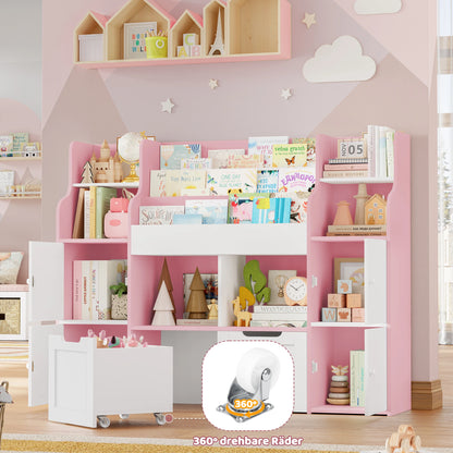 Getone Toy Storage , Childrens Bookcase,Unit 3-tier Kids Bookshelf, Kids Storage with 2 Drawers with Wheels, 4 Doors, 6 Open Shelves,multi-functional toy storage unit122x30x100cm