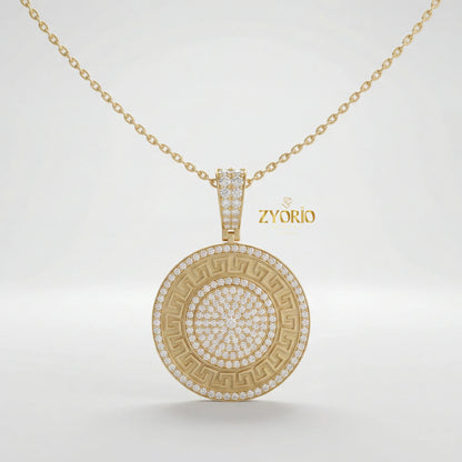 Gold Plated Greek Key Diamond Medallion Link Chain Pendant Luxury Engagement Wedding Anniversary Party Jewelry