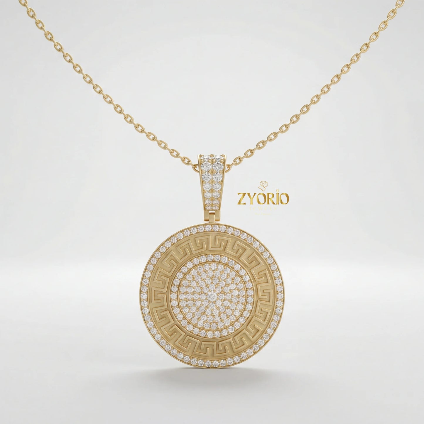 Gold Plated Greek Key Diamond Medallion Link Chain Pendant Luxury Engagement Wedding Anniversary Party Jewelry