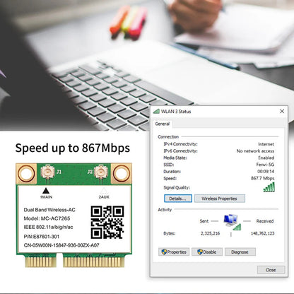 MC-AC7265 1200Mbps Bluetooth 4.2Mini PCI-E Interface 2.4G 5Ghz Wifi Card For Laptop
