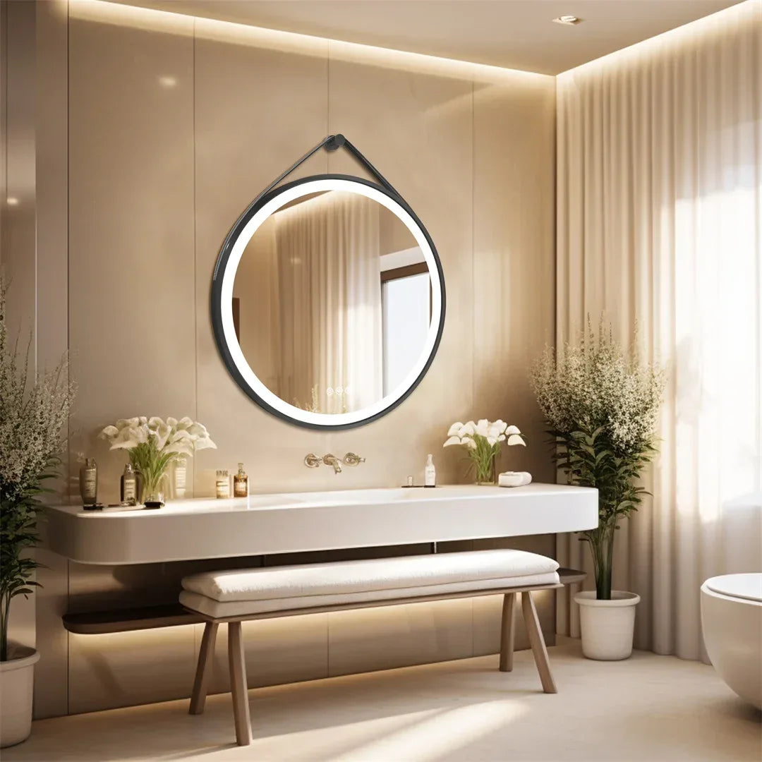 LUVODI 32-Inch Large Round Bathroom Mirror with LED Lights Black Frame Touch Sensor Lighted Mirror for Bathrooms