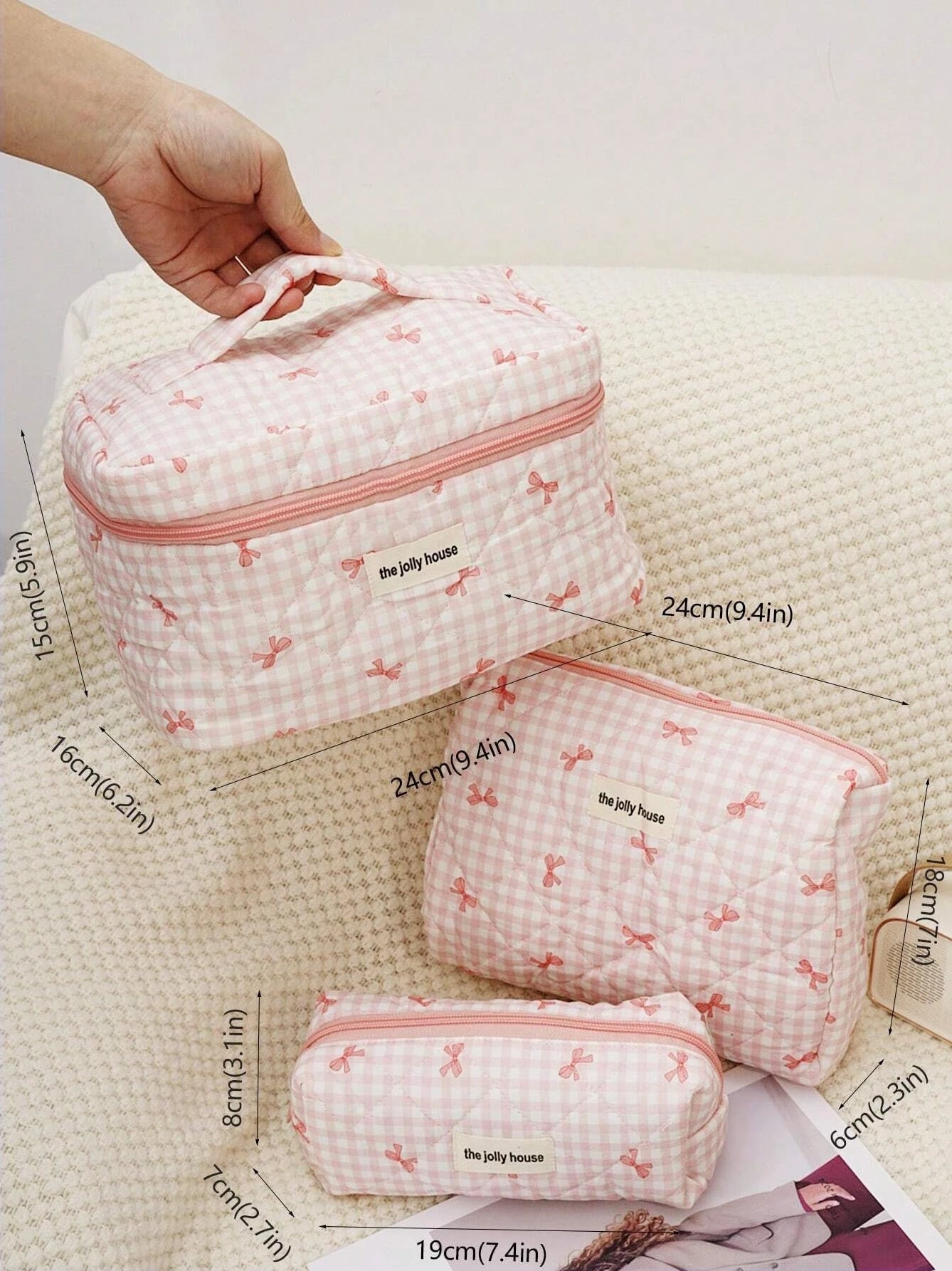 1set Cute Bowknot Cosmetic Bag Organizer Multifunctional Wallet Pouch Portable Brush Storage Clutch Travel Makeup Skincare Bag