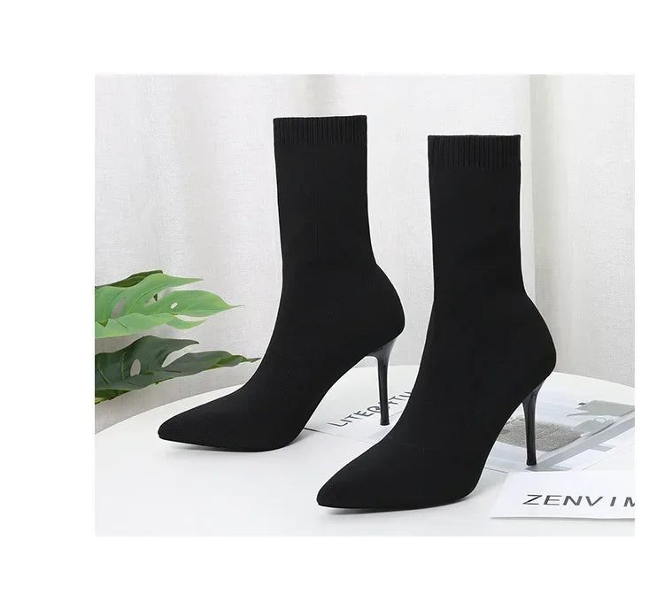 Comemore Knitting Stretch High Heels for Women Fashion Shoe 2025 Spring Autumn Ankle Boot Female Sexy Sock Boots Plus Size 34 42