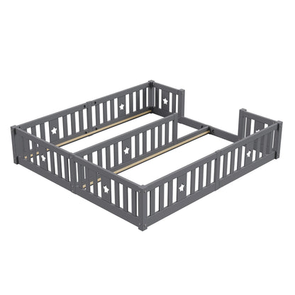 Rosahqnda Children's Bed Floor Bed 90x200cm with Railing Gate,Pine Wooden Bed for Families with 2 Children,Children's Twin Bed