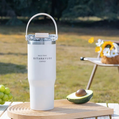 JUSTINLAU 600/900ml Insulated Cups Stainless Steel Double-drinking Thermos Cup with Handle& Straw Sports Bottle Car Ice Tumbler