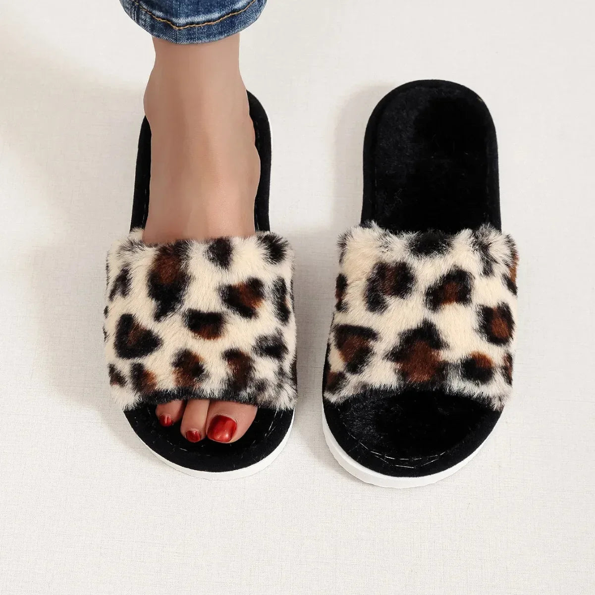 Autumn Winter Leopard Print Slippers Women's Fashion Plush Fur Slides Home Flip Flops Indoor Warm EVA Anti Slip Living Room Shoe