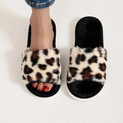 Autumn Winter Leopard Print Slippers Women's Fashion Plush Fur Slides Home Flip Flops Indoor Warm EVA Anti Slip Living Room Shoe